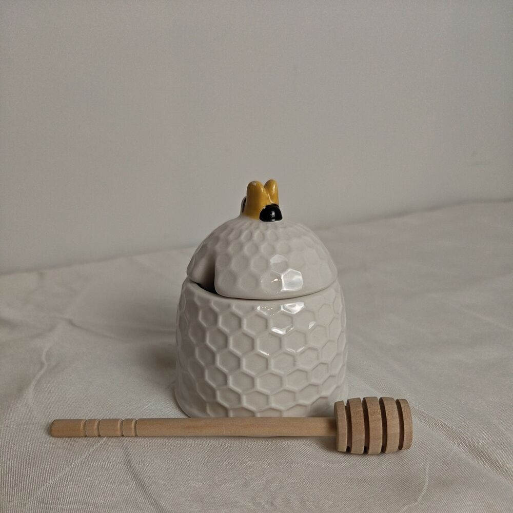 Ceramic Bee Hive Honey Pot & Wooden Dipper Never Used
